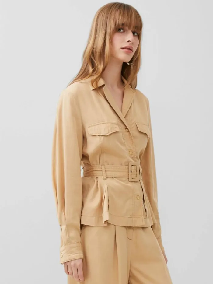 French Connection Elkie Twill Belted Jacket Biscotti Women Coats and Jackets