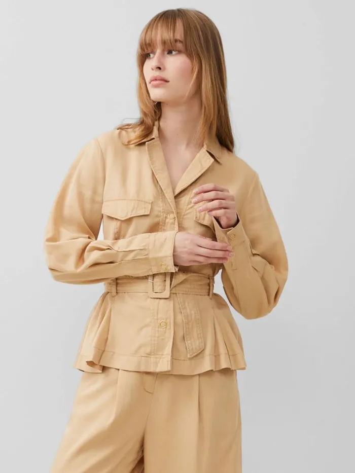 French Connection Elkie Twill Belted Jacket Biscotti Women Coats and Jackets