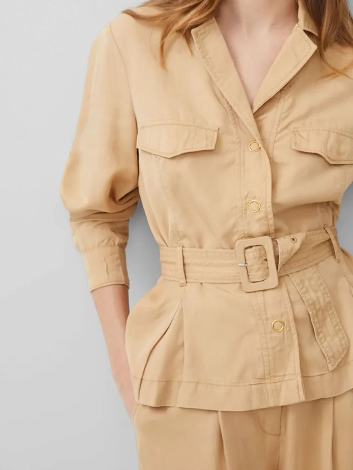 French Connection Elkie Twill Belted Jacket Biscotti Women Coats and Jackets