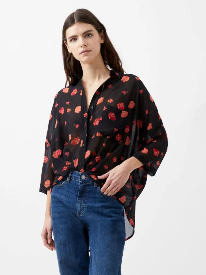 French Connection Ella Rose Twist Front Shirt Marine Multi Women Tops