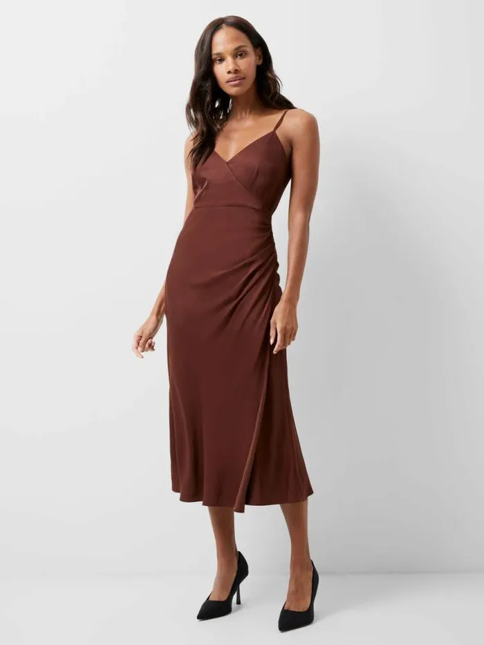 French Connection Ennis Eco Satin Slip Midi Dress Chocolate Fondant Women Dresses French Connection Ennis Eco Satin Slip Midi Dress Chocolate Fondant Women Dresses