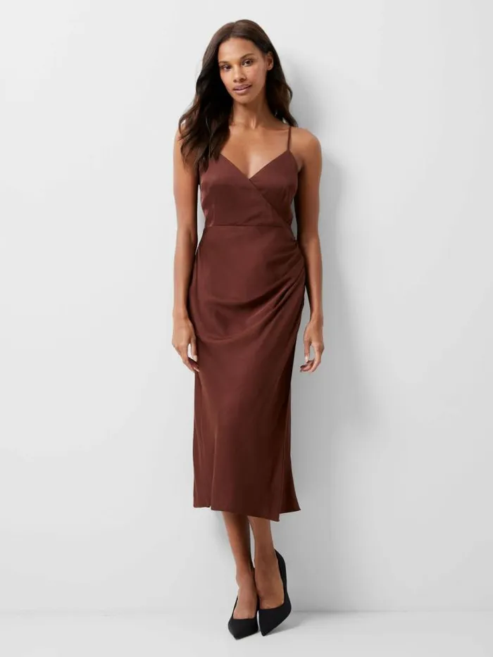 French Connection Ennis Eco Satin Slip Midi Dress Chocolate Fondant Women Dresses