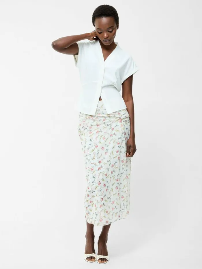 French Connection Floriana Crinkle Midi Skirt Summer White Multi Women Skirts
