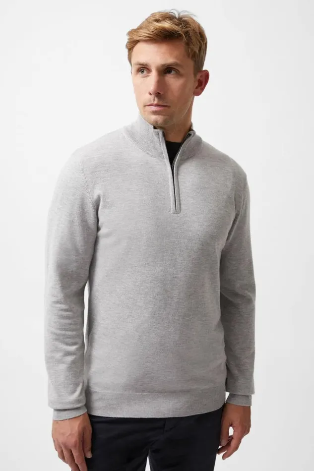French Connection Half Zip Knitted Jumper Heather Grey Mel Men Knitwear