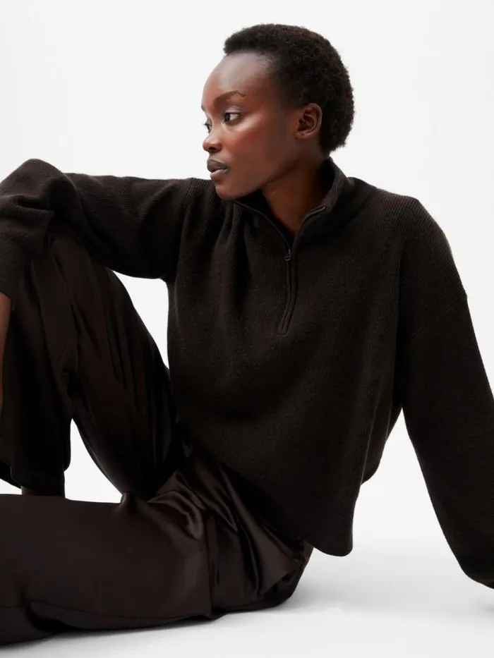 French Connection Lightweight Vhari Recycled Half Zip Jumper Chocolate Ganache Women Jumpers and Cardigans French Connection Lightweight Vhari Recycled Half Zip Jumper Chocolate Ganache Women Jumpers and Cardigans