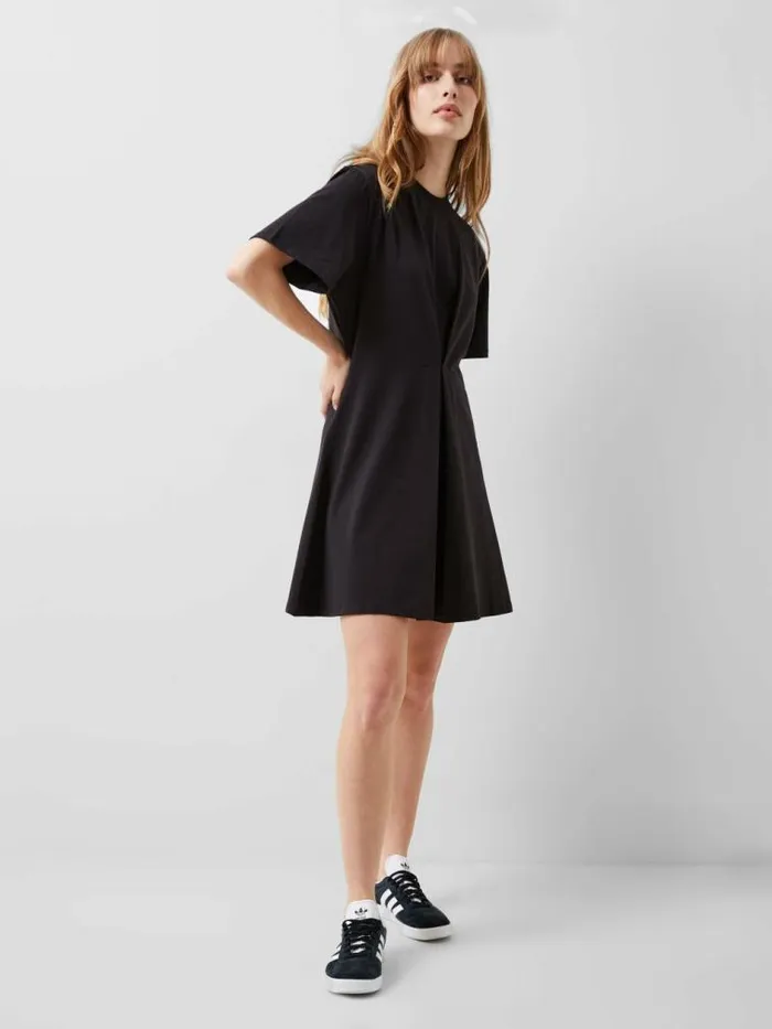 French Connection Rallie Cotton Box Pleat TShirt Mini Dress Blackout Women Dresses