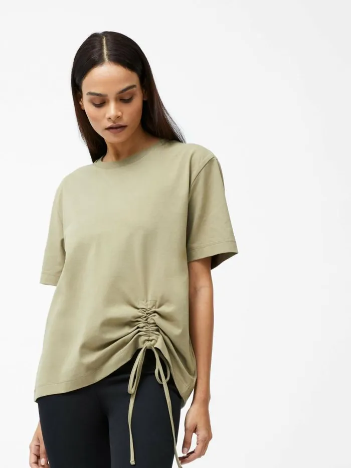 French Connection Rallie Cotton Rouched TShirt Cool Olive Green Women Tops