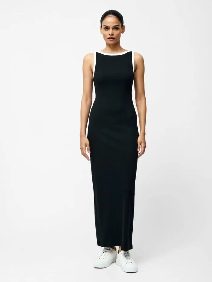 French Connection Rasia Ribbed Binding Boat Neck Dress Blackwhite Women Dresses