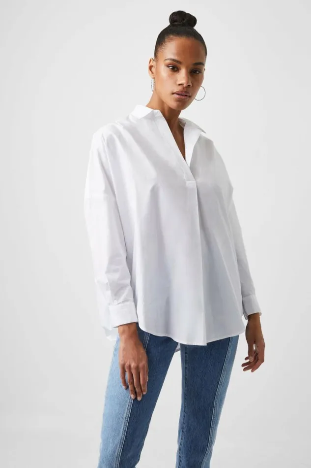 French Connection Rhodes Poplin Popover Shirt Linen White Women Shirts