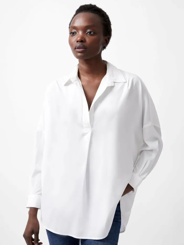 French Connection Rhodes Recycled Crepe Popover Shirt Winter White Women Tops French Connection Rhodes Recycled Crepe Popover Shirt Winter White Women Tops