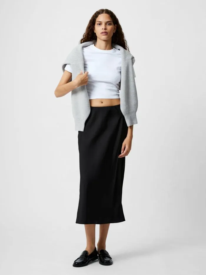 French Connection Satin Slip Midi Skirt Black Women Skirts
