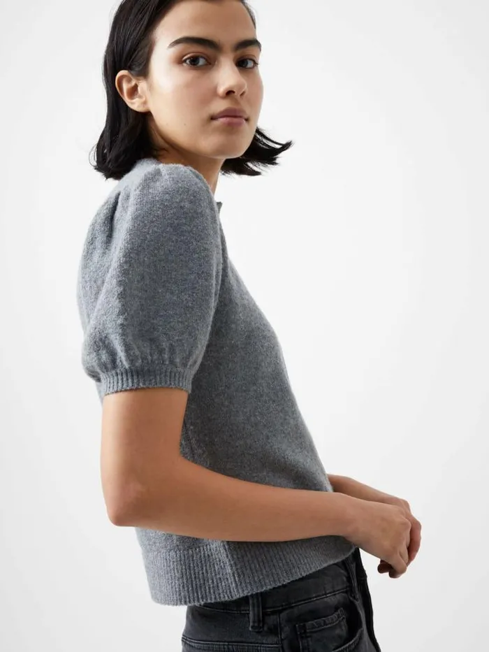 French Connection Vhari Recycled Puff Sleeve Cardigan Mid Grey Mel Women Jumpers and Cardigans