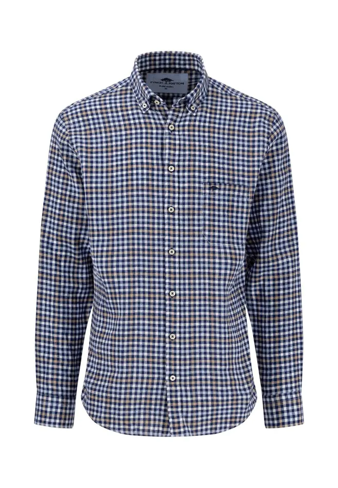 FYNCHHATTON Checked Linen Shirt With Buttondown Collar Navywhite Men Shirts
