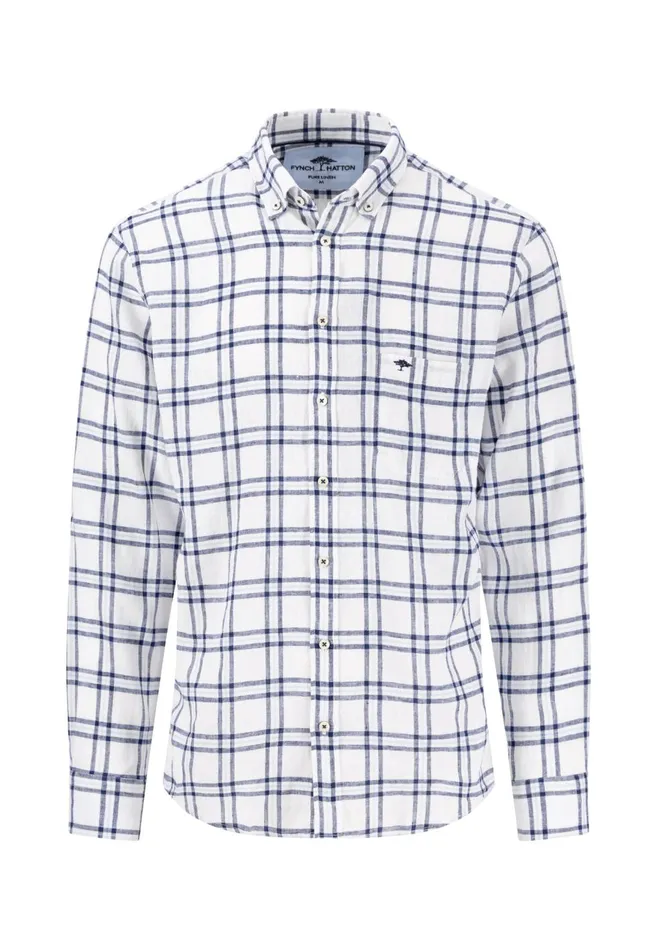 FYNCHHATTON Checked Linen Shirt With Buttondown Collar Navywhite Men Shirts