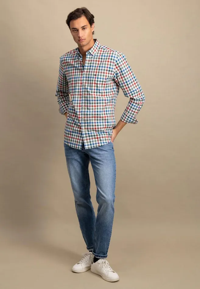 FYNCHHATTON Checked Shirt With Buttondown Collar Rustfuchsiaflamegrass Green Men Shirts
