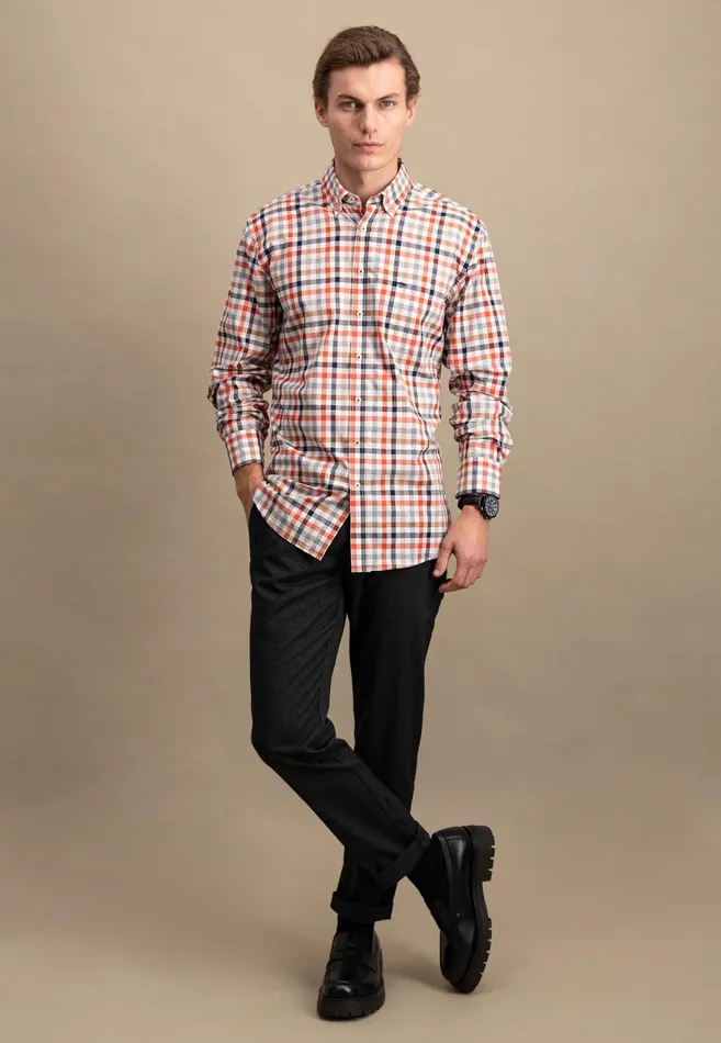 FYNCHHATTON Checked Shirt With Buttondown Collar Rustfuchsiaflamegrass Green Men Shirts