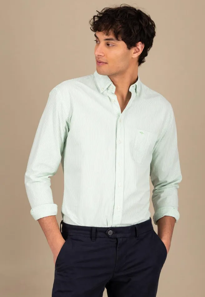 FYNCHHATTON Shirt In The Filigree Strip Look And Buttondown Collar Poppy Rednavyturf Green Men Shirts