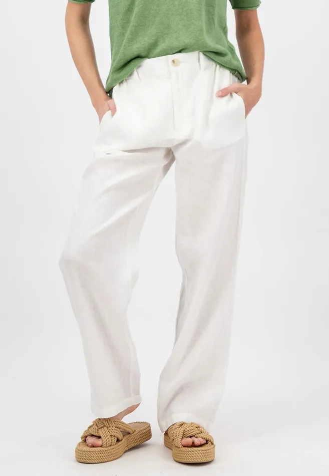 FYNCHHATTON Straight Cut Linen Trousers With Medium Collar Height Whiteblacktoffee Brown Women Pants