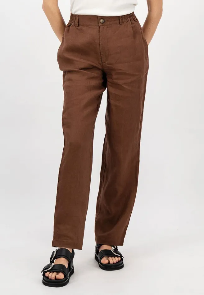 FYNCHHATTON Straight Cut Linen Trousers With Medium Collar Height Whiteblacktoffee Brown Women Pants FYNCHHATTON Straight Cut Linen Trousers With Medium Collar Height Whiteblacktoffee Brown Women Pants