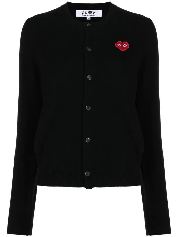 Henrik Vibskov Boutique CDG Play X Invader Womens Black Cardigan 8211 Pixelated Heart Women Knitwear Henrik Vibskov Boutique CDG Play X Invader Womens Black Cardigan 8211 Pixelated Heart Women Knitwear