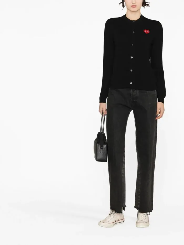 Henrik Vibskov Boutique CDG Play X Invader Womens Black Cardigan 8211 Pixelated Heart Women Knitwear
