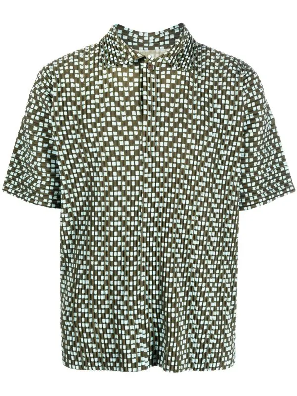 Henrik Vibskov Boutique SS23 Button Polo 8211 Khaki With Light Blue Squares Men Shirts Henrik Vibskov Boutique SS23 Button Polo 8211 Khaki With Light Blue Squares Men Shirts
