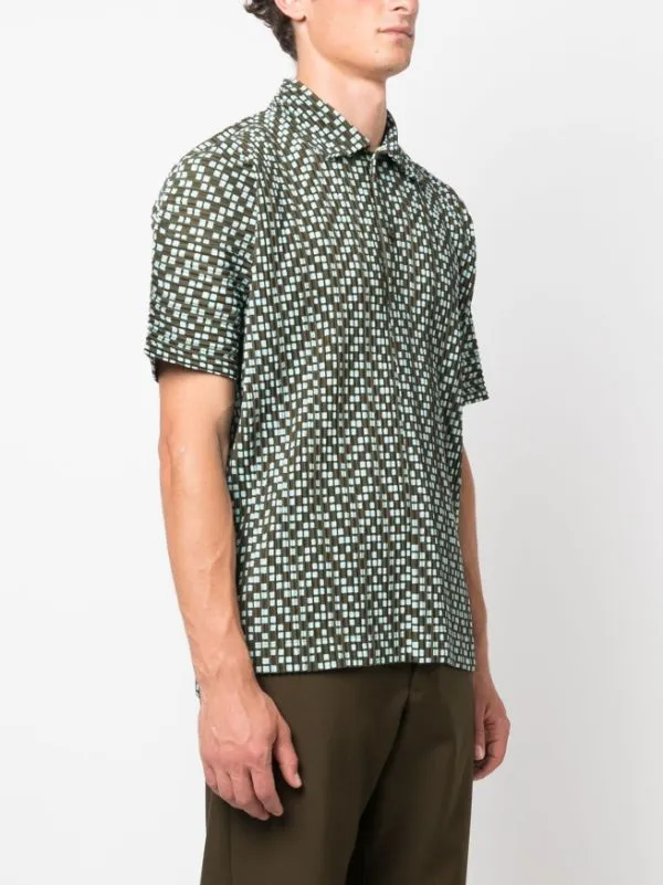 Henrik Vibskov Boutique SS23 Button Polo 8211 Khaki With Light Blue Squares Men Shirts