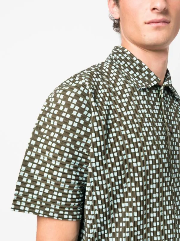 Henrik Vibskov Boutique SS23 Button Polo 8211 Khaki With Light Blue Squares Men Shirts