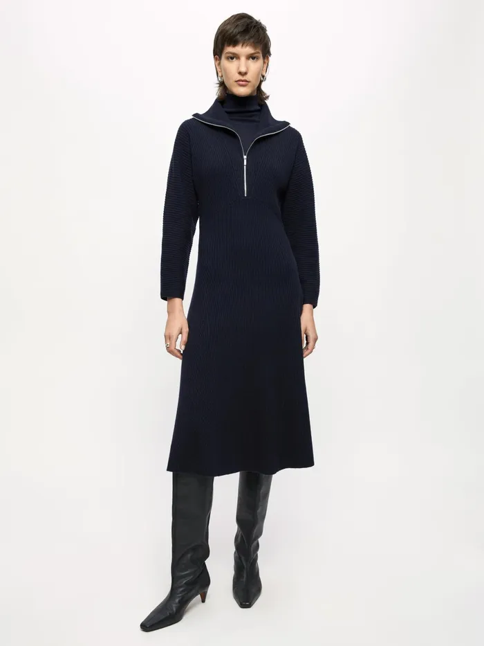 Jigsaw Dresses and Jumpsuits Women Merino Wool Zip Ribbed Dress Blue