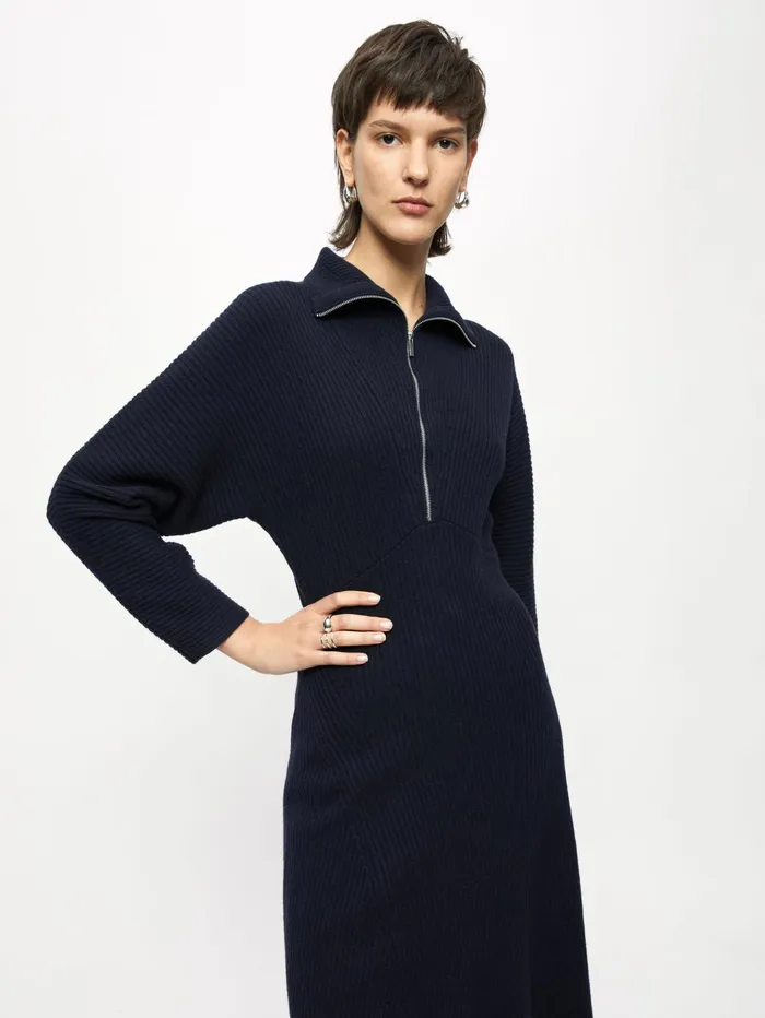 Jigsaw Dresses and Jumpsuits Women Merino Wool Zip Ribbed Dress Blue