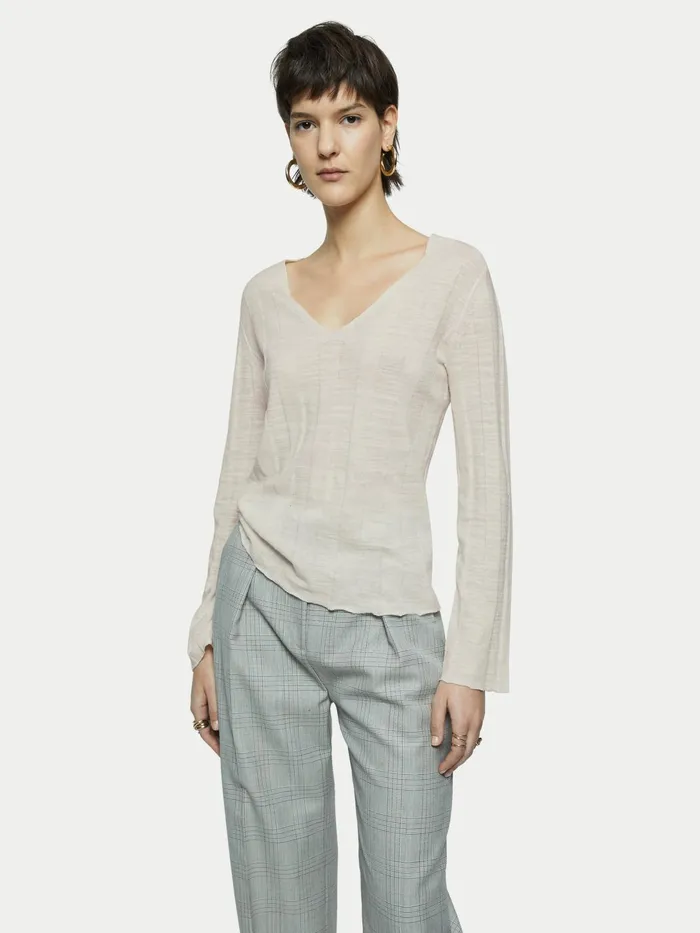 Jigsaw Knitwear and Cashmere Women Linen Cotton Rib V Neck Jumper Cream