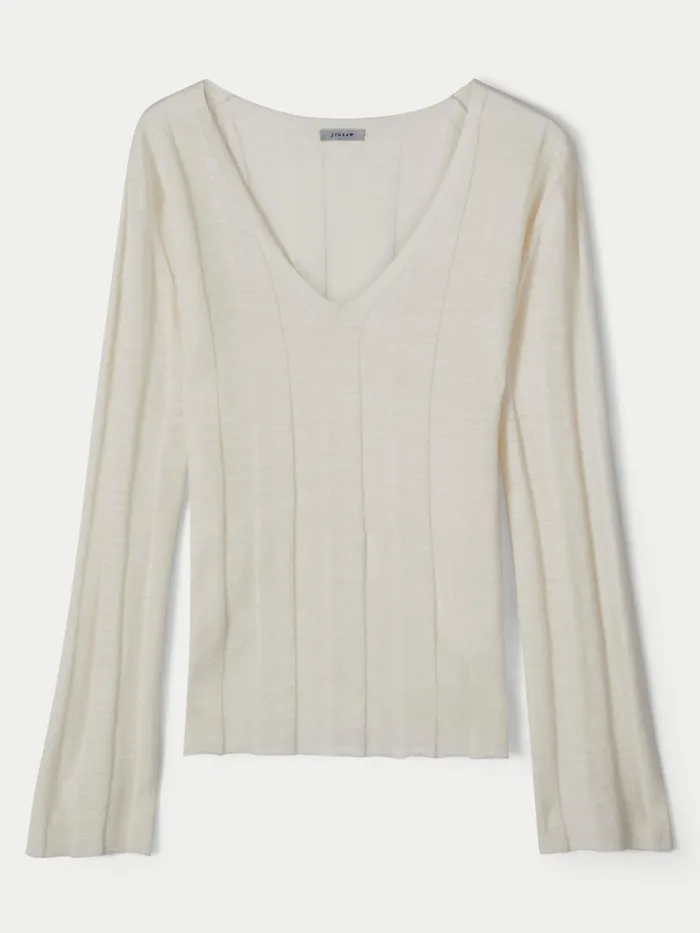 Jigsaw Knitwear and Cashmere Women Linen Cotton Rib V Neck Jumper Cream
