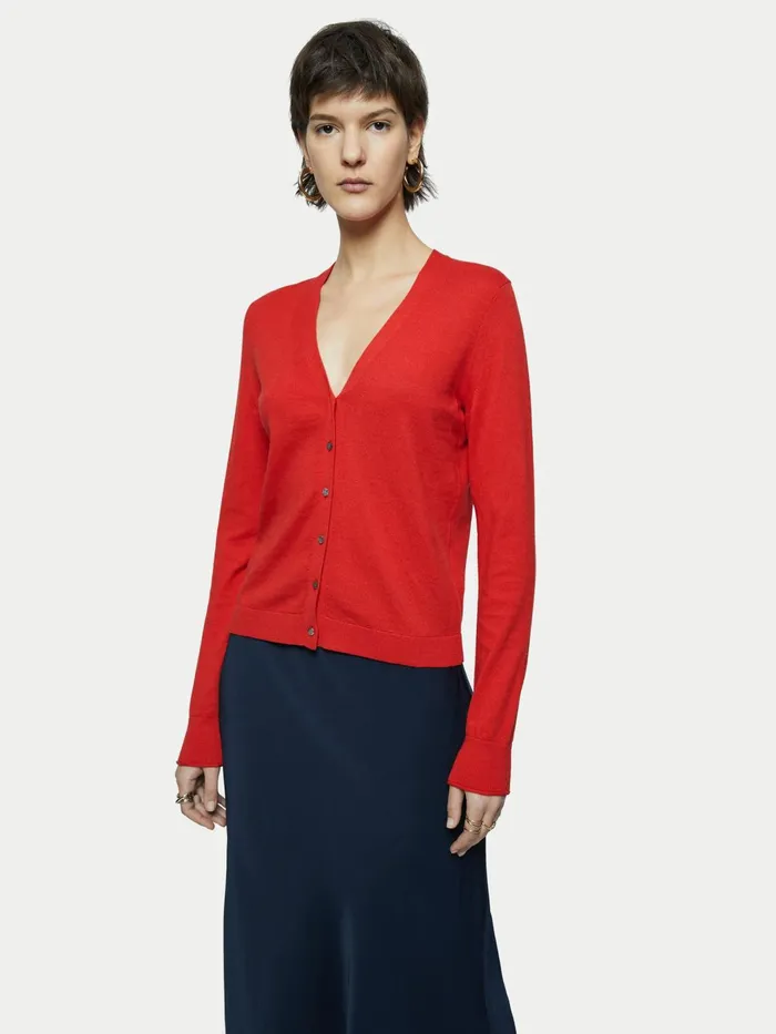 Jigsaw Knitwear and Cashmere Women Merino Cotton Shell Button Cardigan Red