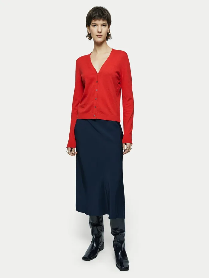 Jigsaw Knitwear and Cashmere Women Merino Cotton Shell Button Cardigan Red