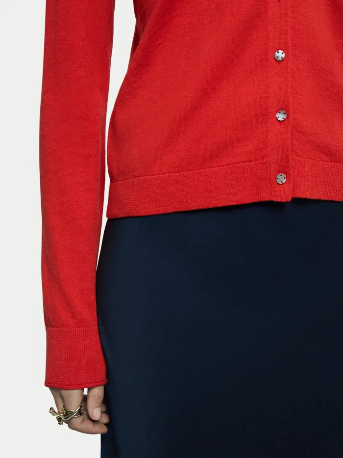 Jigsaw Knitwear and Cashmere Women Merino Cotton Shell Button Cardigan Red