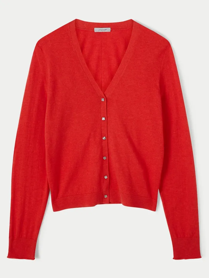 Jigsaw Knitwear and Cashmere Women Merino Cotton Shell Button Cardigan Red
