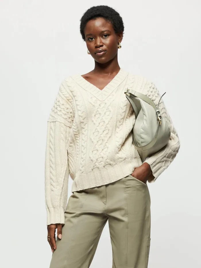 Jigsaw Knitwear and Cashmere Women Shannon Merino Cable V Jumper Cream