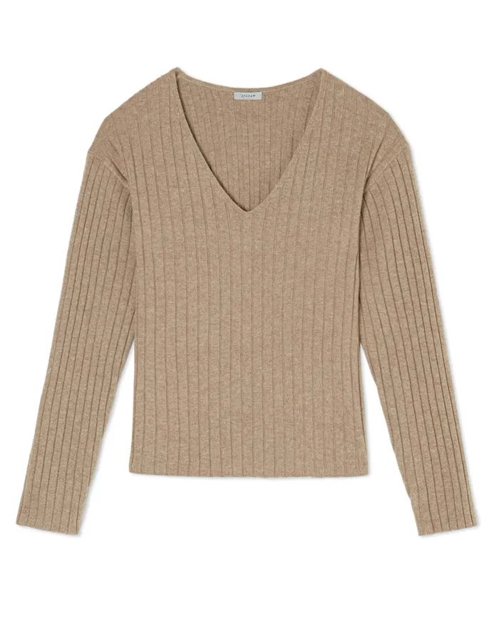 Jigsaw Knitwear and Cashmere Women Wool Blend Rib V Jumper Brown