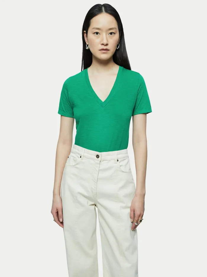 Jigsaw Tshirts Women Cotton Slub Short Sleeve V Neck Tee Green