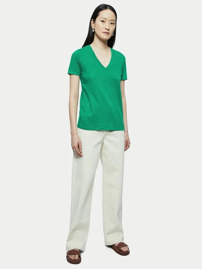 Jigsaw Tshirts Women Cotton Slub Short Sleeve V Neck Tee Green