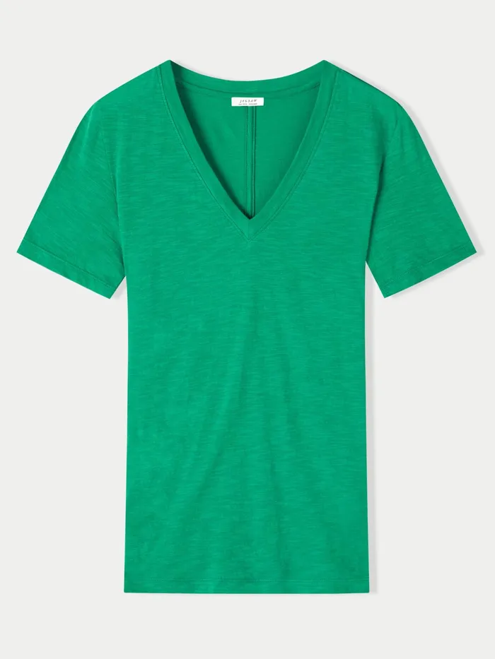 Jigsaw Tshirts Women Cotton Slub Short Sleeve V Neck Tee Green