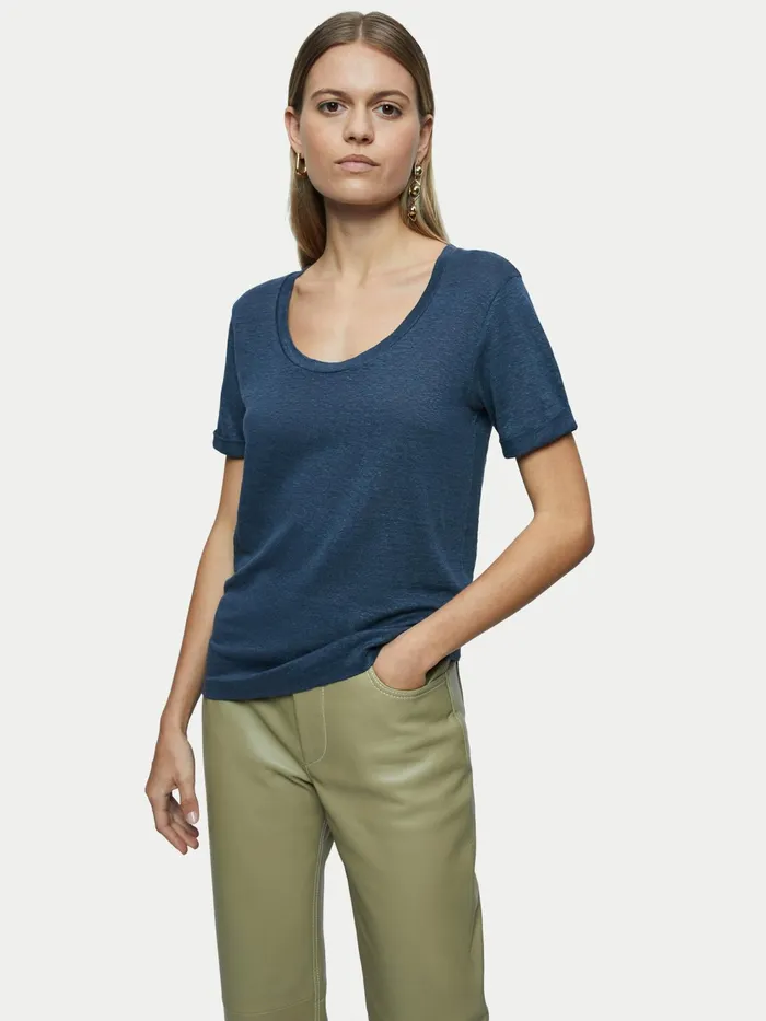 Jigsaw Tshirts Women Linen Scoop Rolled Sleeve Tee Grey