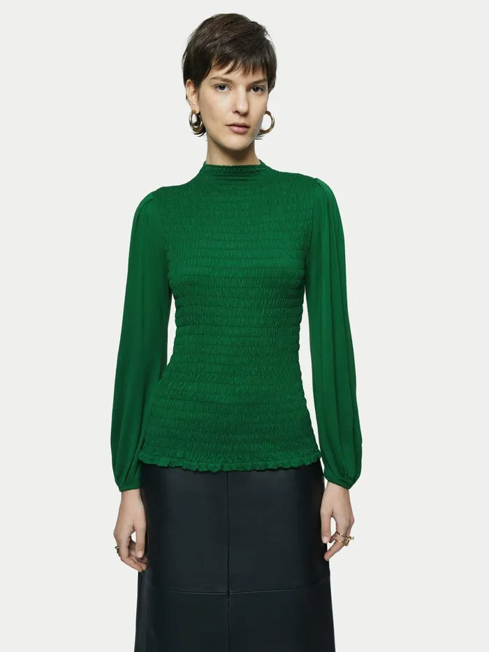 Jigsaw Tshirts Women Shirred Smocked Top Green