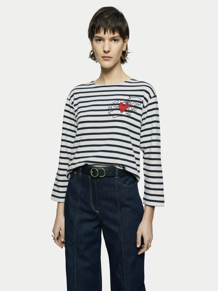 Jigsaw Tops Women Heart Embroidered Breton Blue