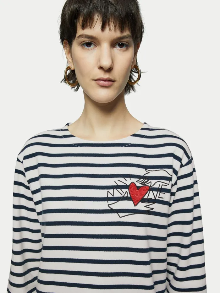 Jigsaw Tops Women Heart Embroidered Breton Blue