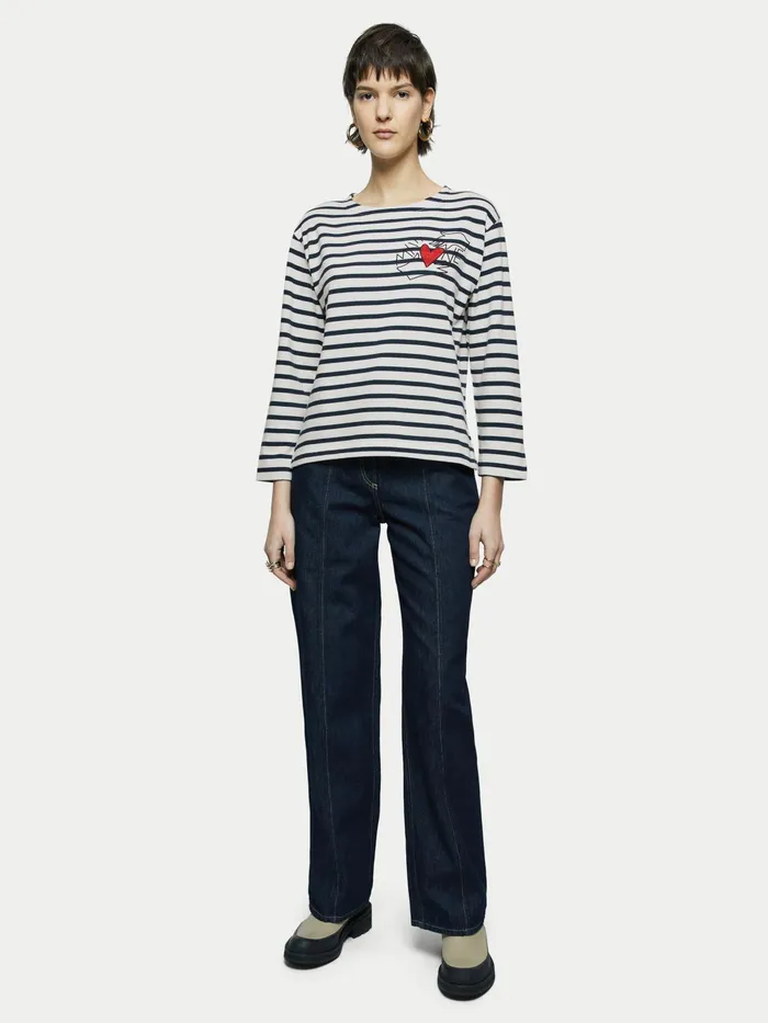 Jigsaw Tops Women Heart Embroidered Breton Blue