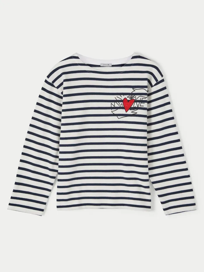 Jigsaw Tops Women Heart Embroidered Breton Blue