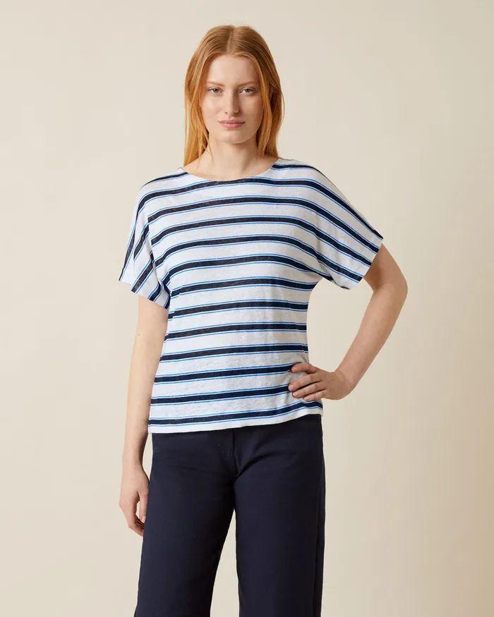 Jigsaw Tops Women Linen Shadow Stripe Kimono Sleeve Top Blue