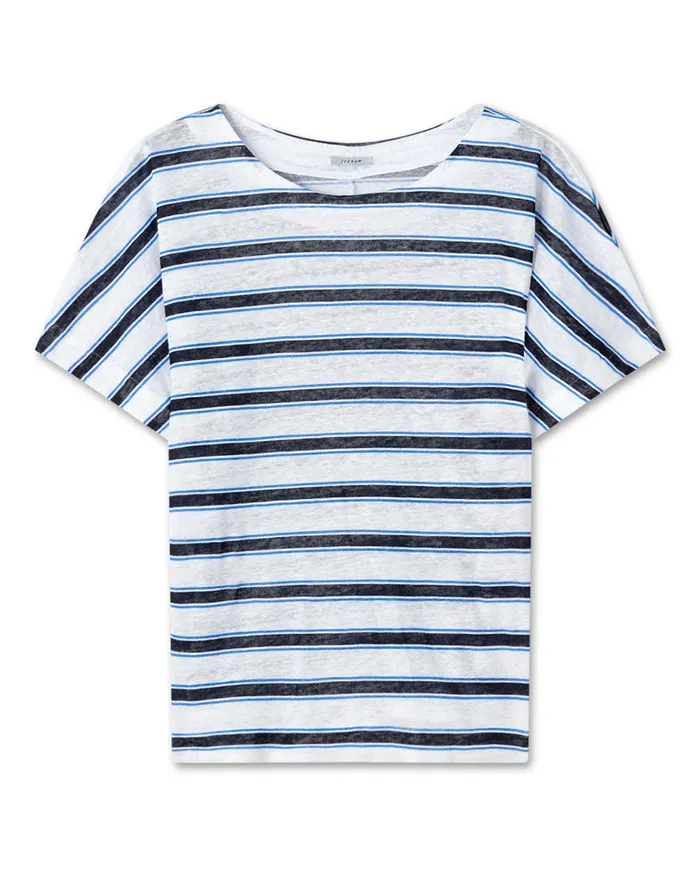 Jigsaw Tops Women Linen Shadow Stripe Kimono Sleeve Top Blue