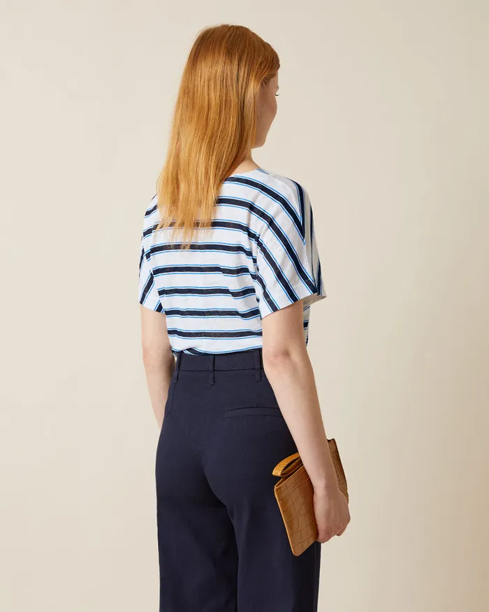Jigsaw Tops Women Linen Shadow Stripe Kimono Sleeve Top Blue